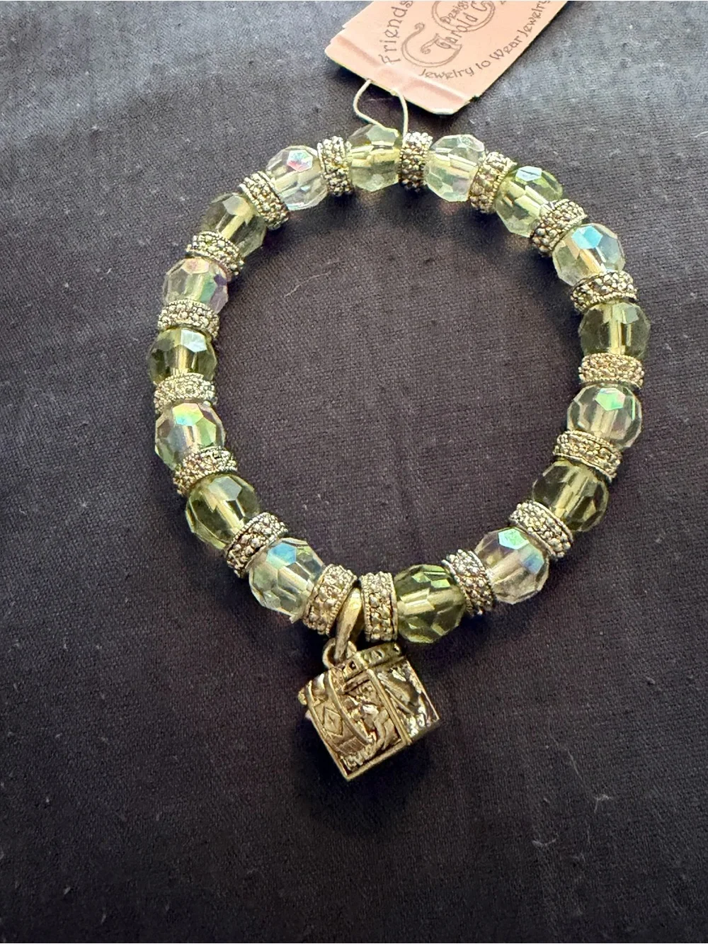 Green Crystal Stretch Bracelet with prayer Silver Charms